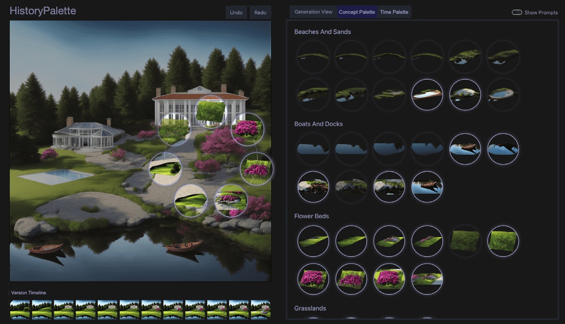 A thumbnail of the HistoryPalette interface showing a palette of prior design alternatives organized by position, concept, and time.